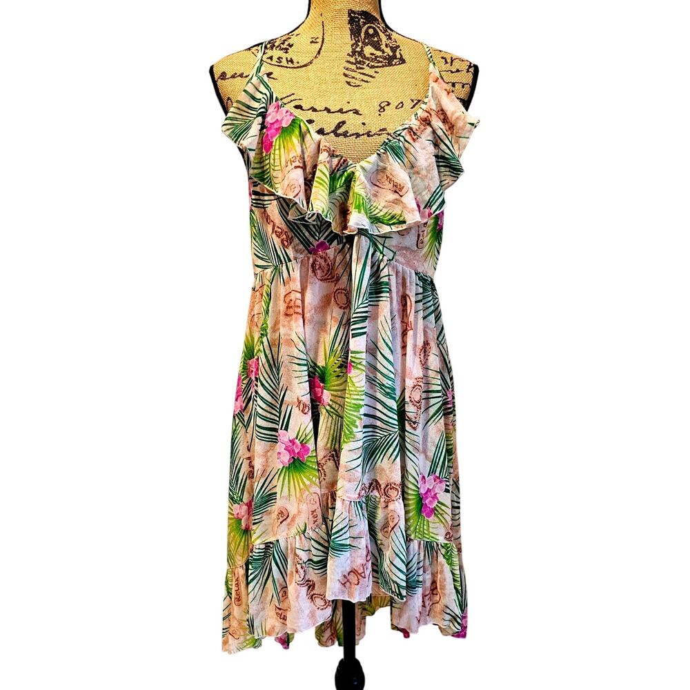 Betsey Johnson Tropical Floral Dress, Hi-Low, Ruffled V Neck, Sexy, Mini, Sz L